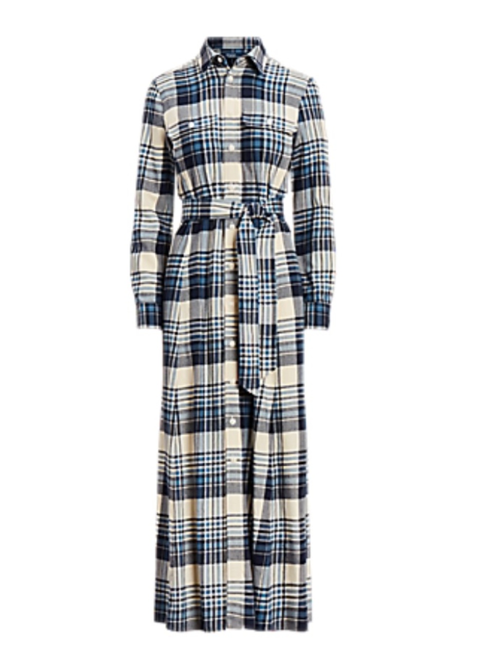 POLO RALPH LAUREN Plaid Belted Cotton Twill Shirtdress patch pockets & self belt